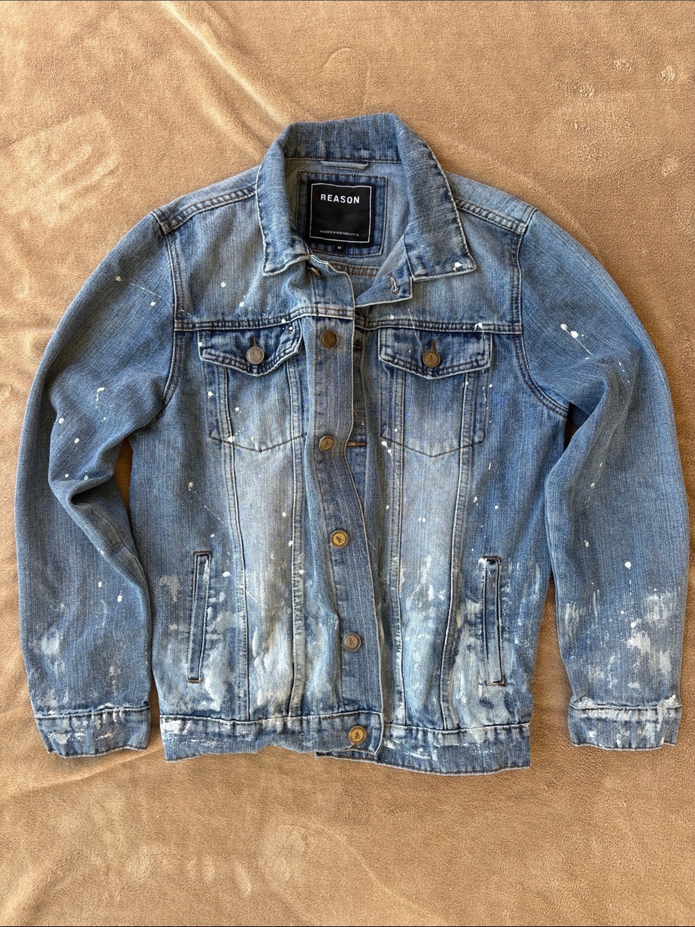 Reason Blue Distressed Paint-Splatter Denim Jacket